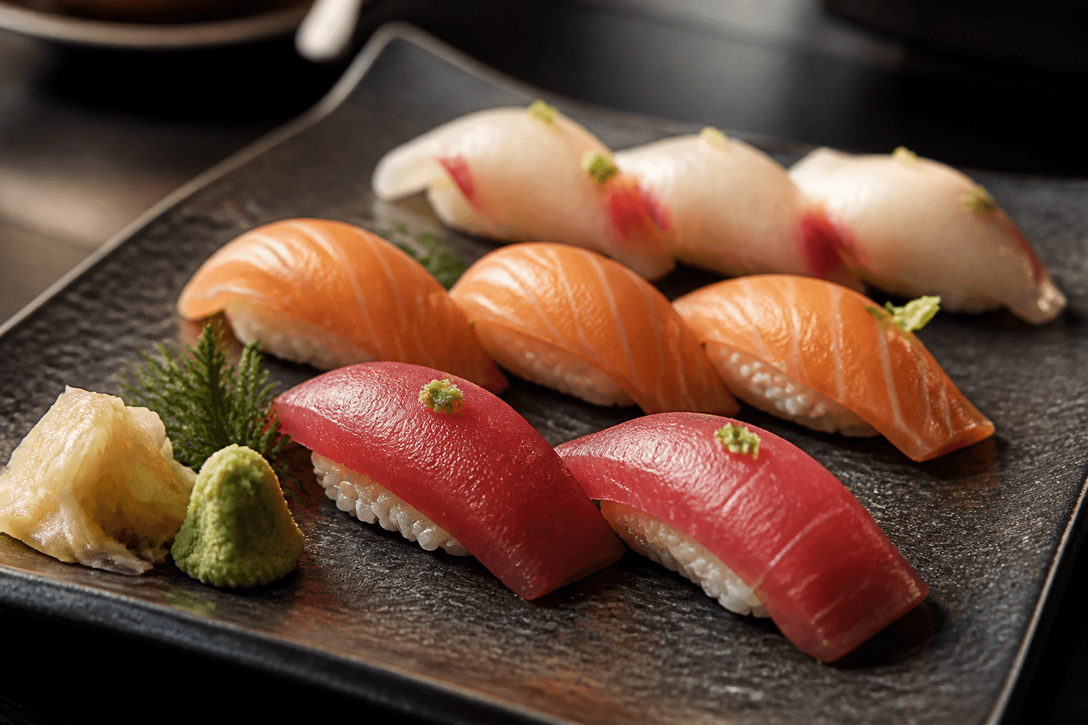 Premium sushi nigiri platter on a wooden board
