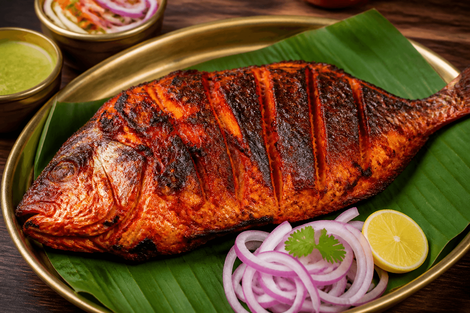 Tandoori fish with spices and char from clay oven